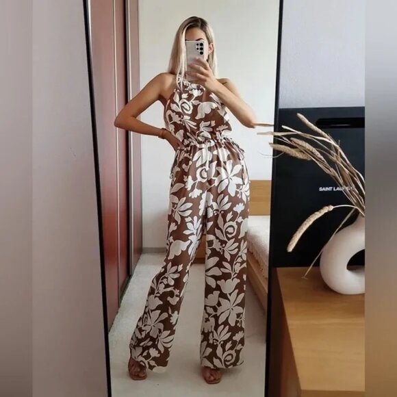 Zara NWT Brown White Floral Printed Jumpsuit Floral Satin With Neck Chains - Picture 2 of 11